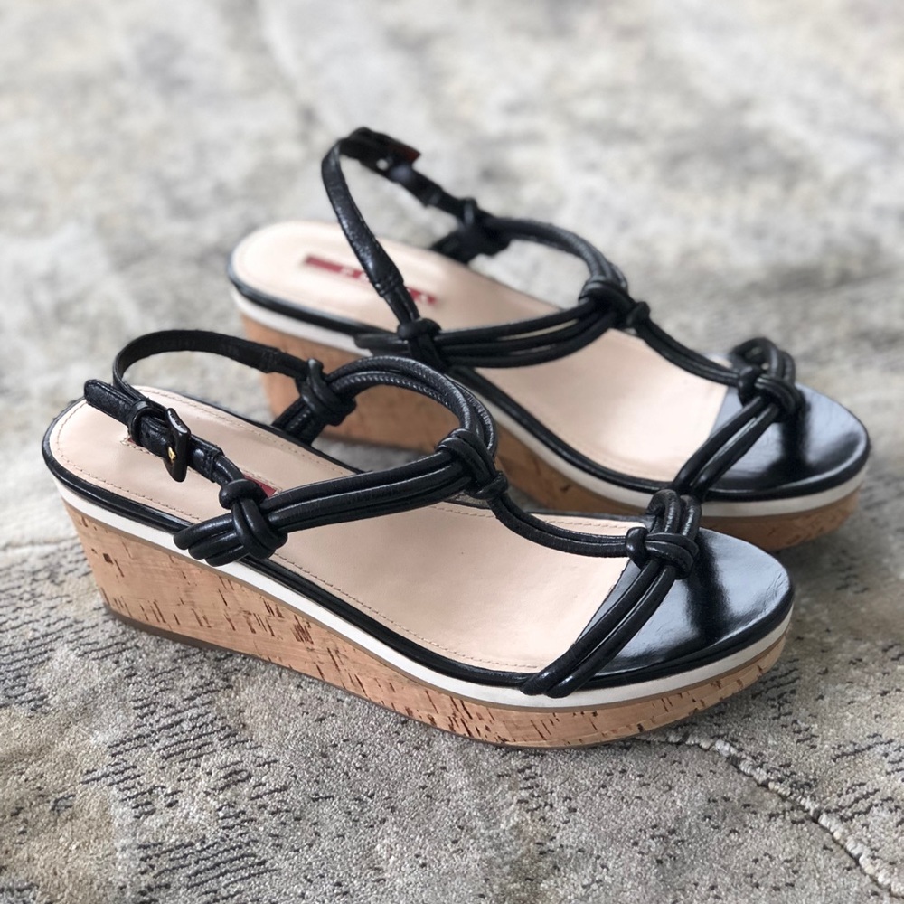 PRADA Sport Black Leather Cork Wedge Sandals